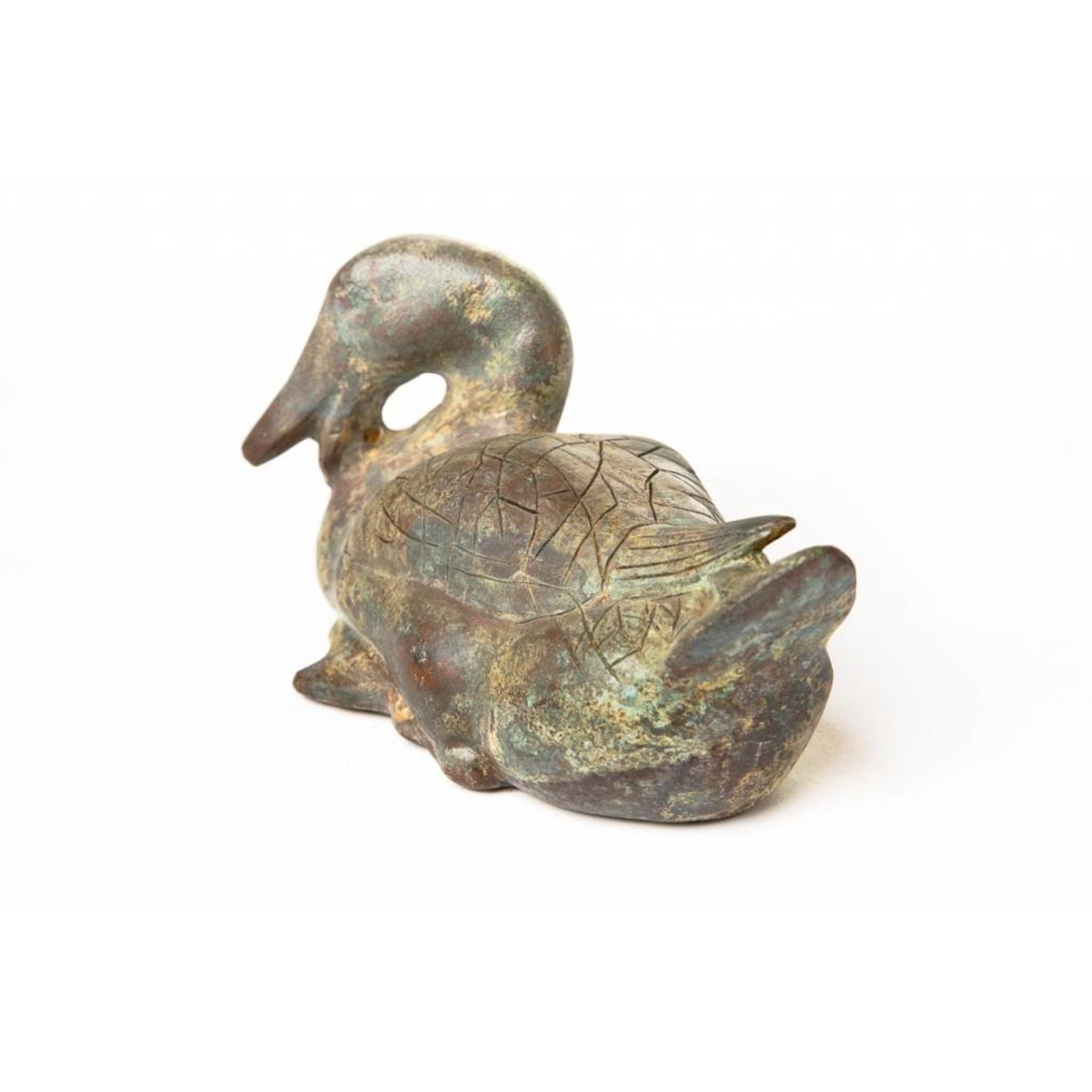 Lawrence & Scott Patinated Verdigris Bronze Duck with Hongmu Wood Stand