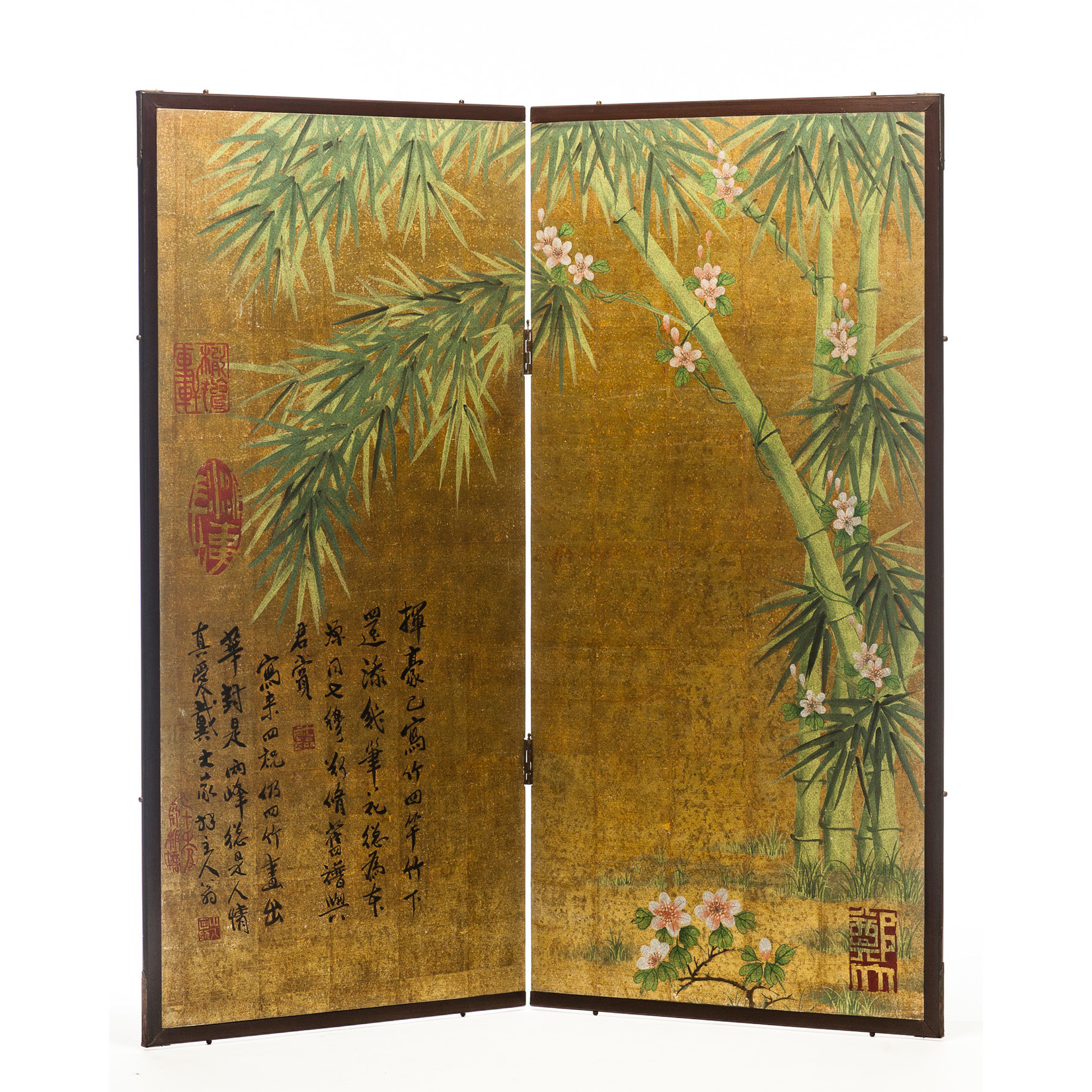 Lawrence & Scott Chinese Inspired "Bamboo Scene With Poem" Hand-Painted Gold Foil 2-Panel Screen 48" W x 50" H