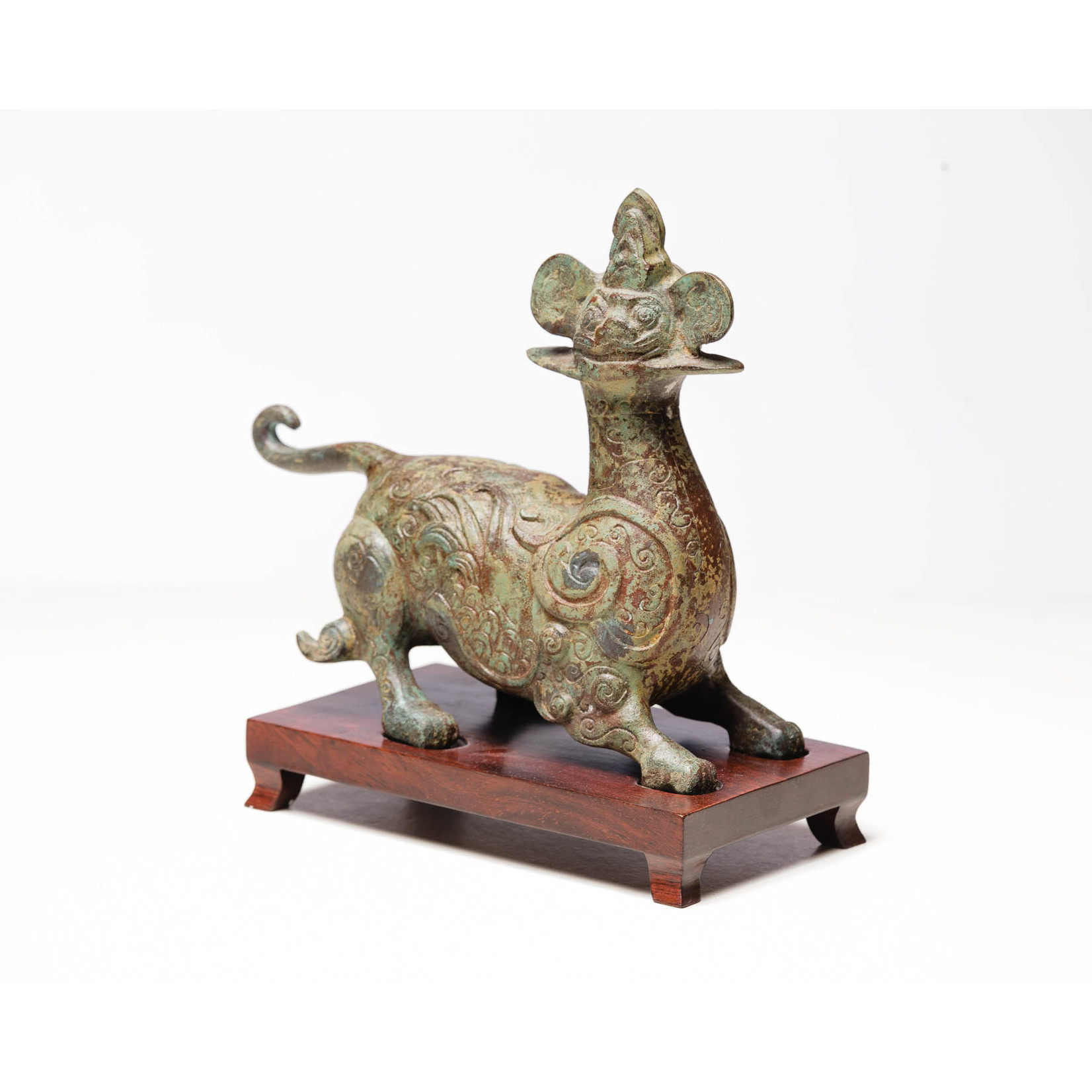 Lawrence & Scott Verdigris Bronze Mythical Dragon with Hongmu Wood Stand