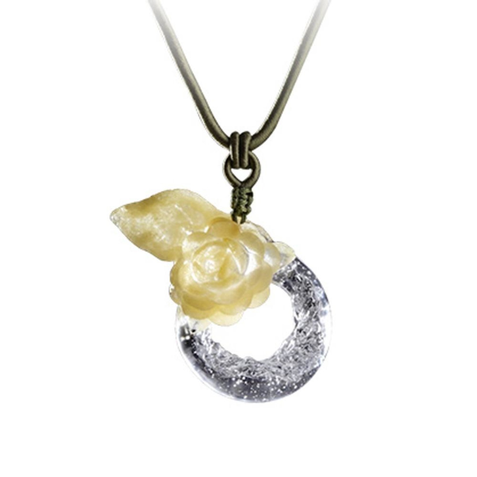 LIULI Crystal Art Crystal "Singular Elegance" Camellia Flower Pendant Necklace in Amber Powder (Limited Edition)