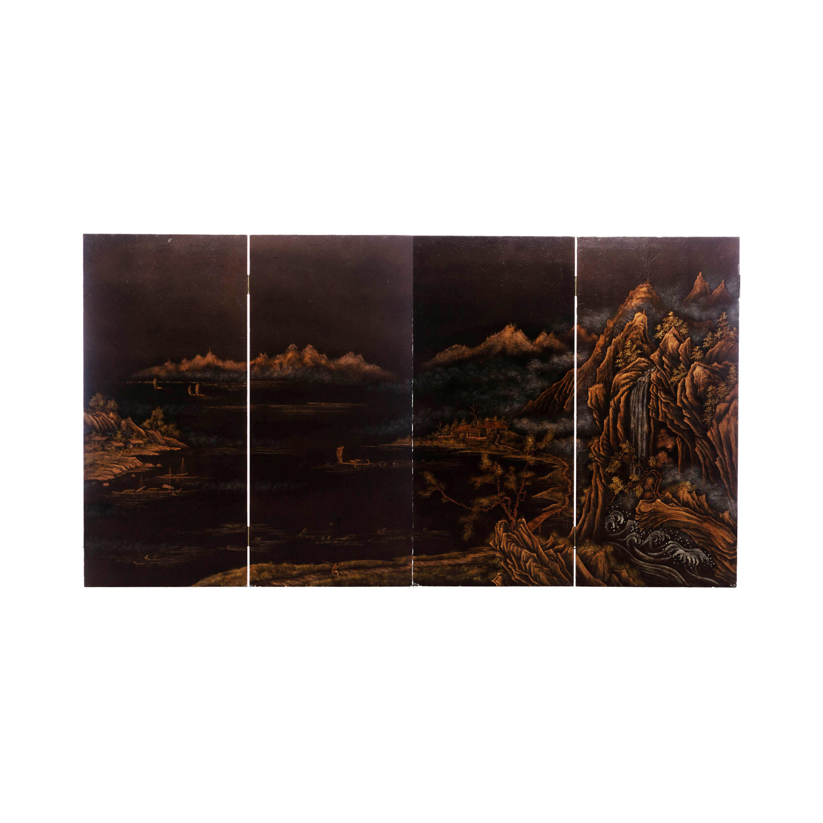 Lawrence & Scott "City of Guilin" Leather on Wood 4-Panel Screen/Room Divider