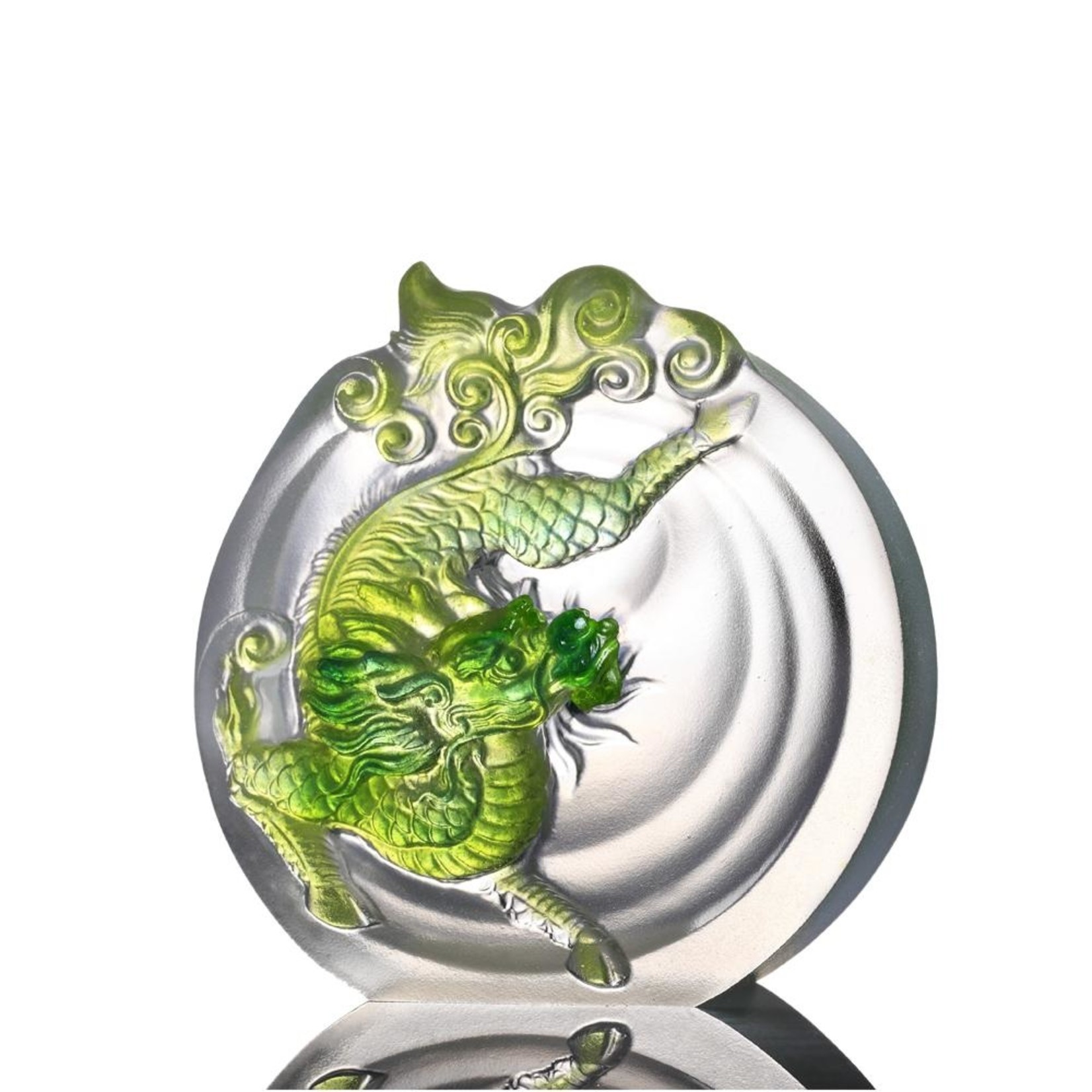 LIULI Crystal Art Crystal Mythical Qilin "Sun Dance" in Bluish/Green Clear