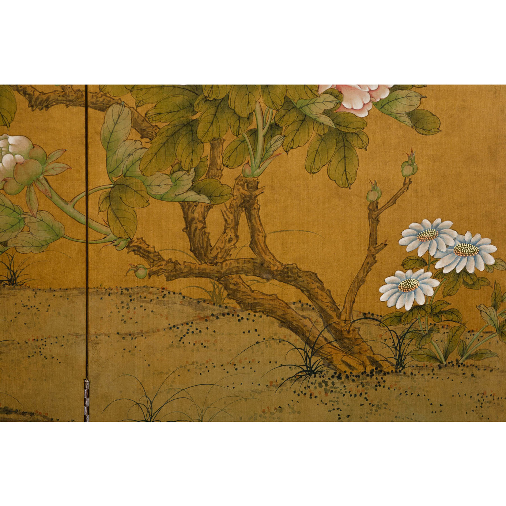 Lawrence & Scott Bamboo, Plum, Peony'' Sumi on Paper 4-Panel Screen -  Lawrence & Scott