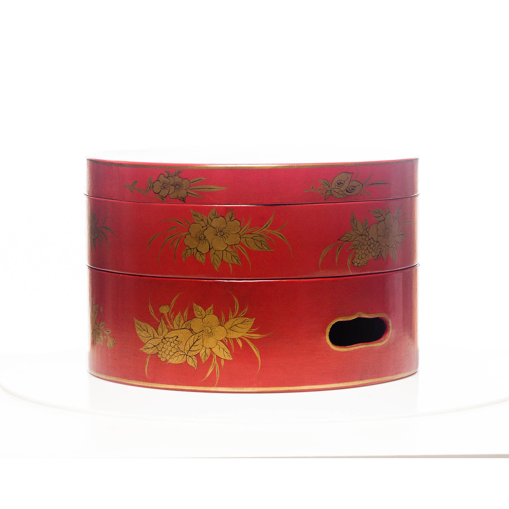 Lawrence & Scott Mandarin Red Nurture 2-Tier Round Leather Sewing Box (14")