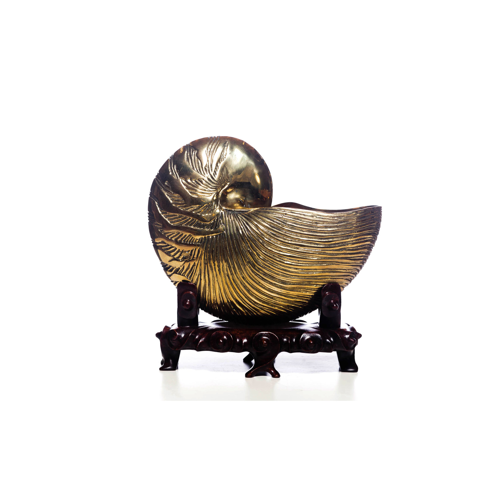 Lawrence & Scott Brass Nautilus Shell on Carved Wave Rosewood Stand