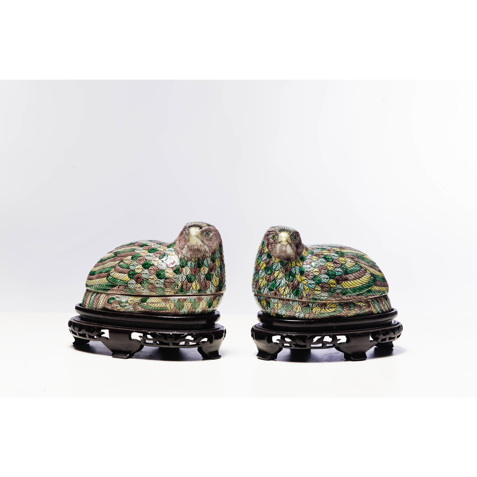 Lawrence Collection Porelain Quail  Box on Carved  Stand  Multicolored, 20th Century, 3.5 x 8 x 5''