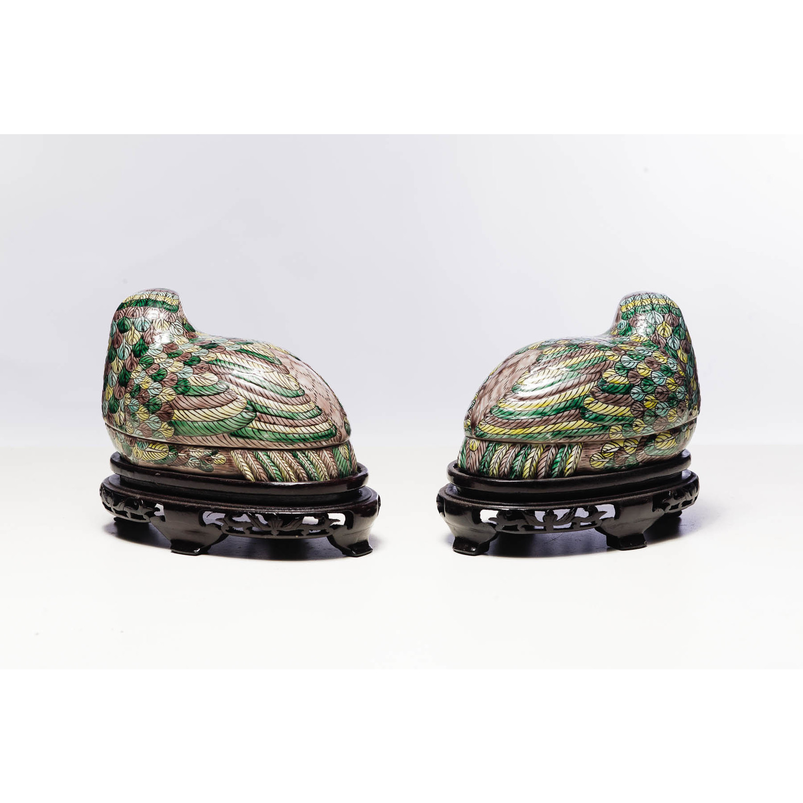 Antique - Lawrence Collection Porelain Quail  Box on Carved  Stand  Multicolored Right Facing, 20th Century, 3.5 x 8 x 5''