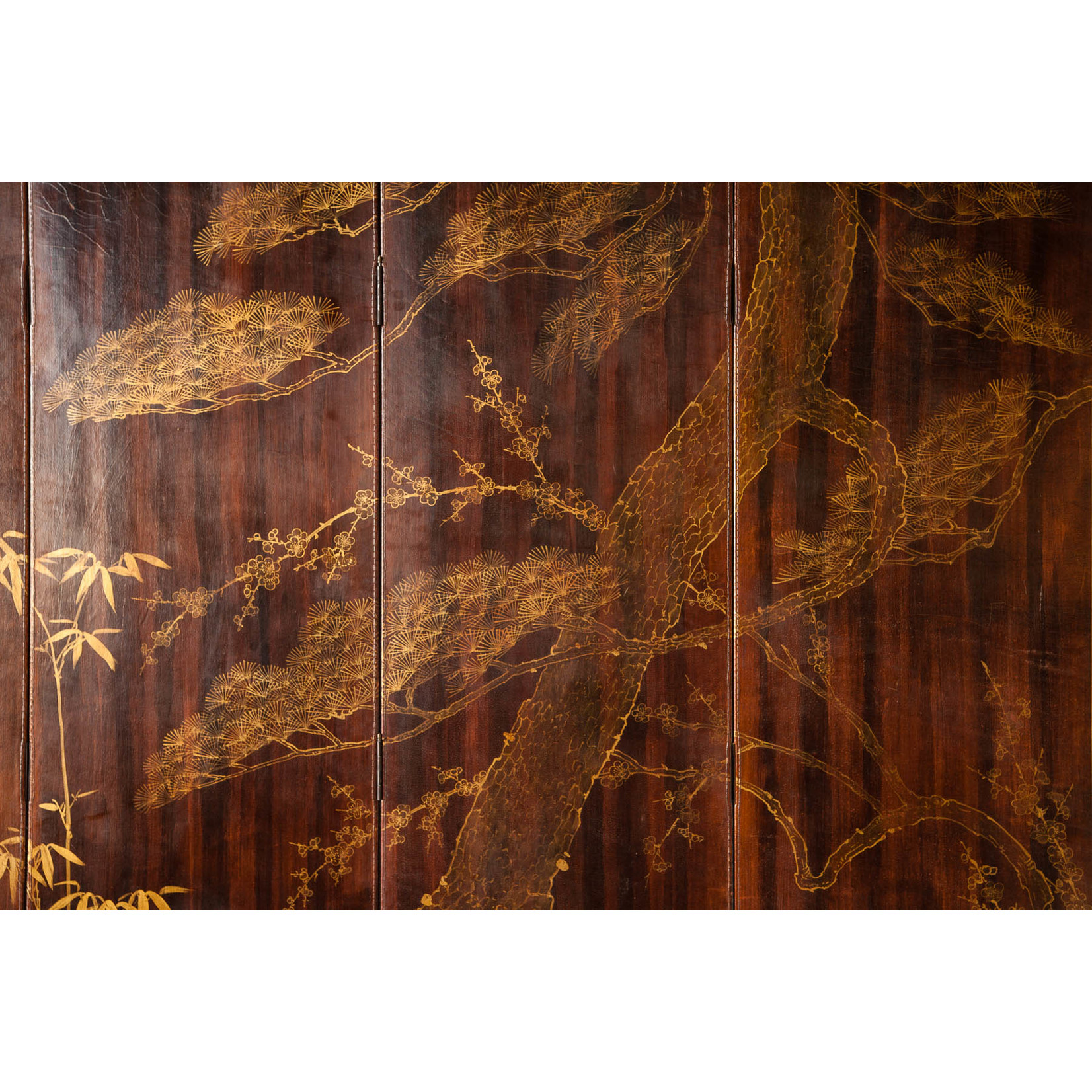 Lawrence & Scott Double-Sided Leather Wisteria & Bamboo Scene 4-Panel Room Divider Screen in Mahogany