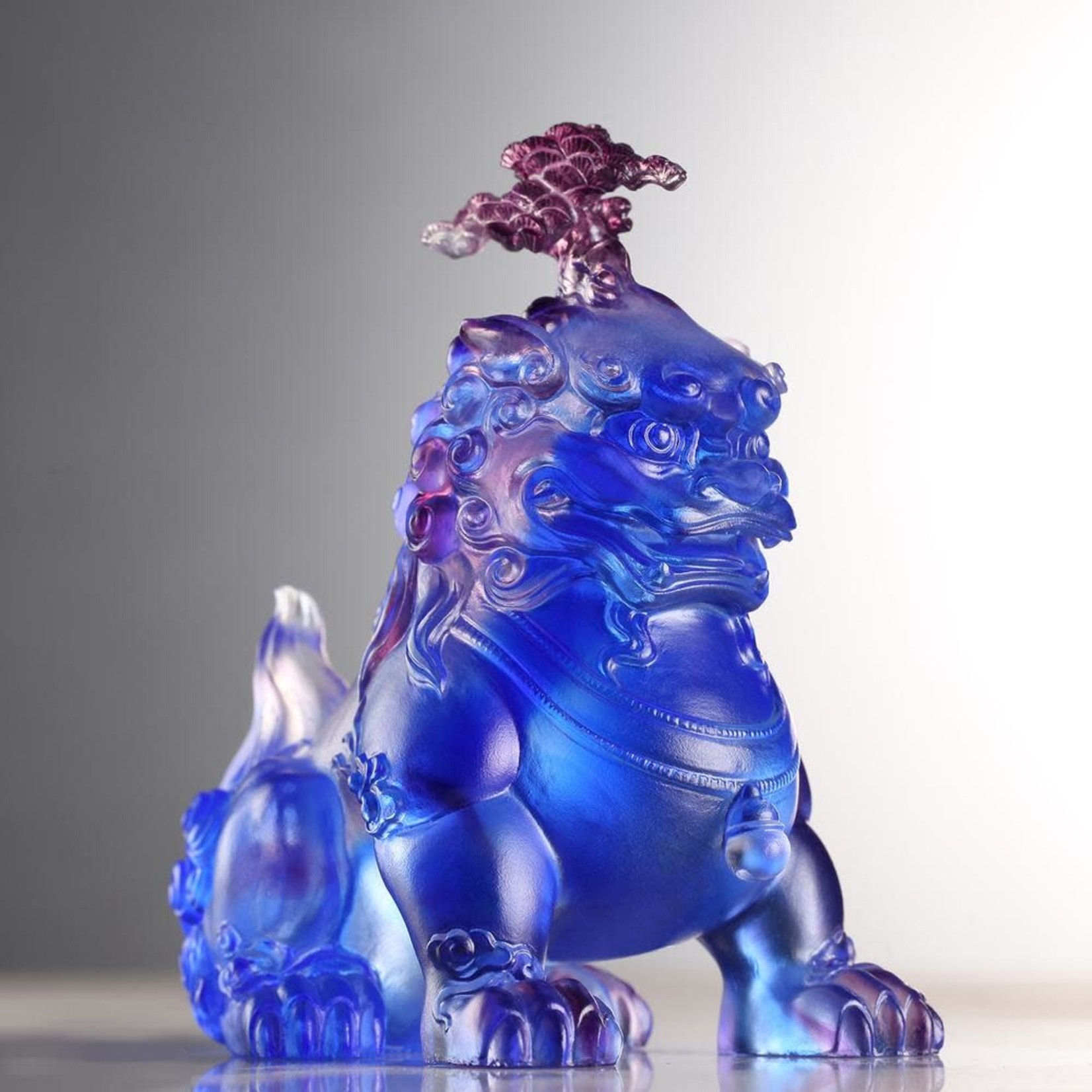 LIULI Crystal Foo Dog Sculpture, The Evergreen Lion in Blue