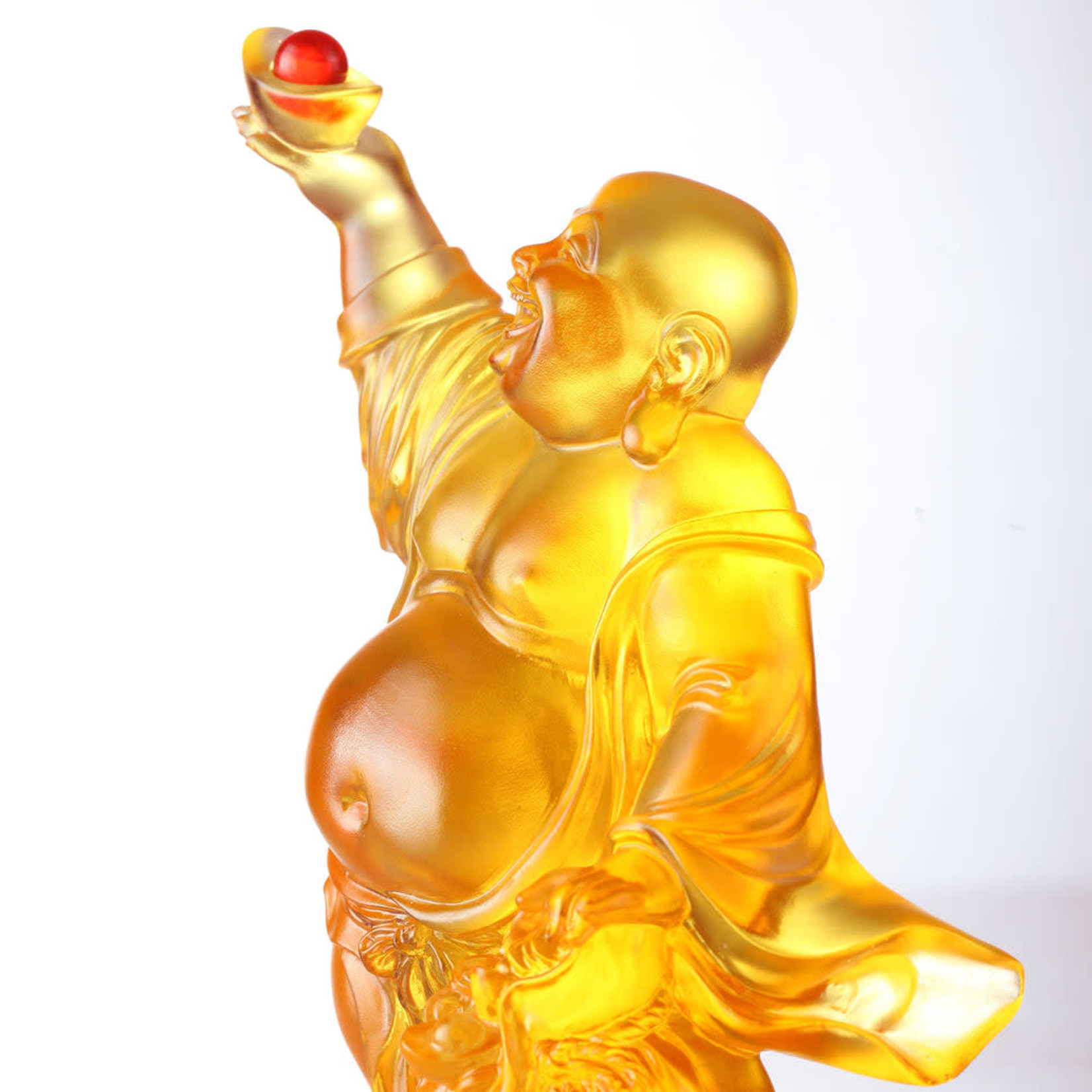 LIULI Crystal Art Crystal Sculpture Happy Laughing Buddha, Golden Ingot
