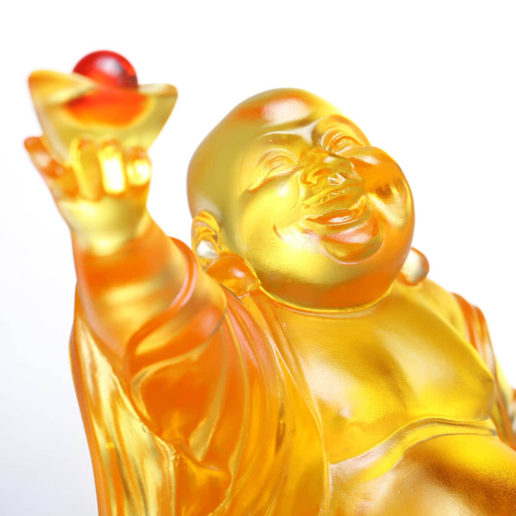 LIULI Crystal Art Crystal Sculpture Happy Laughing Buddha, Golden Ingot