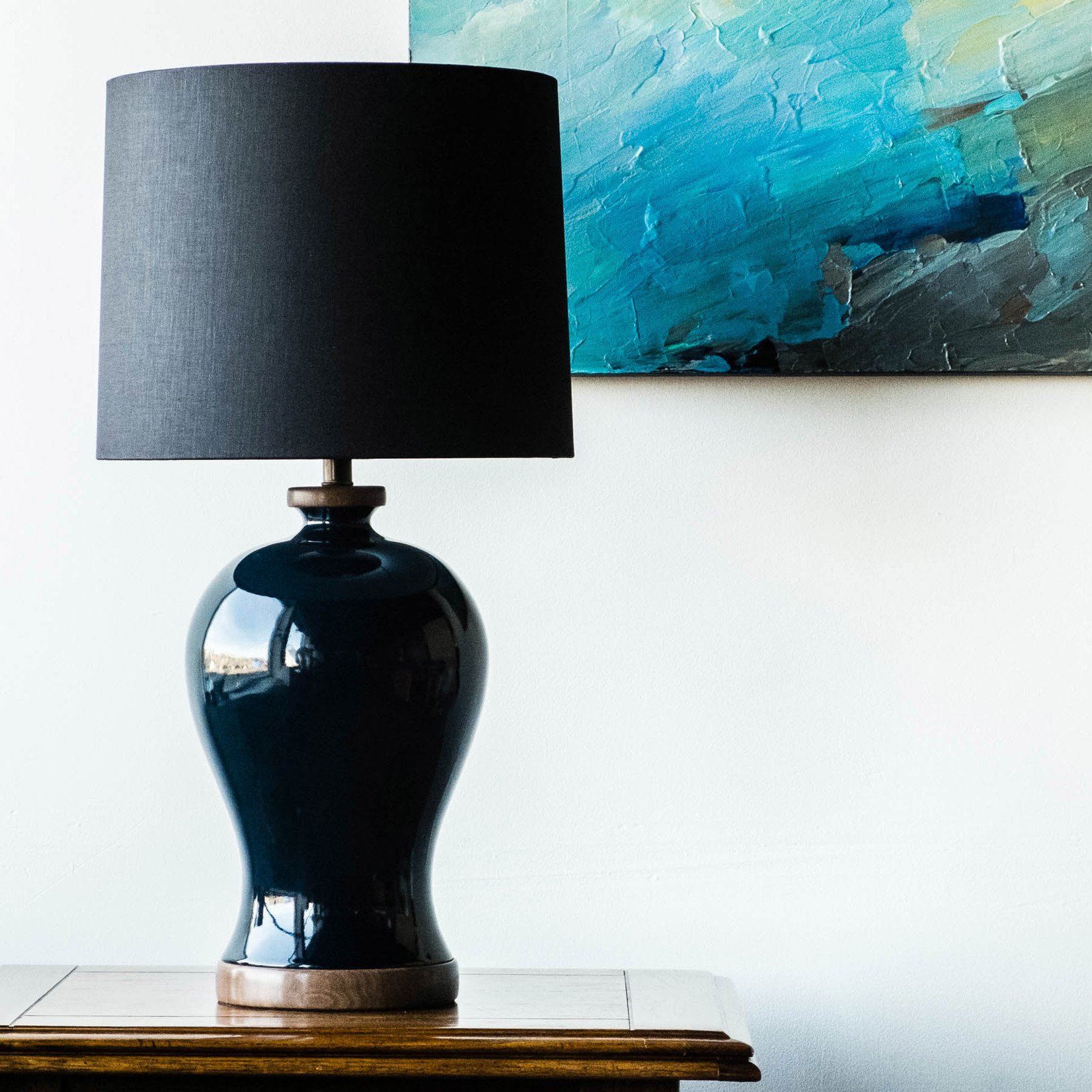 Lawrence & Scott Dashiell Table Lamp in Steel Blue Crackle with Walnut Base