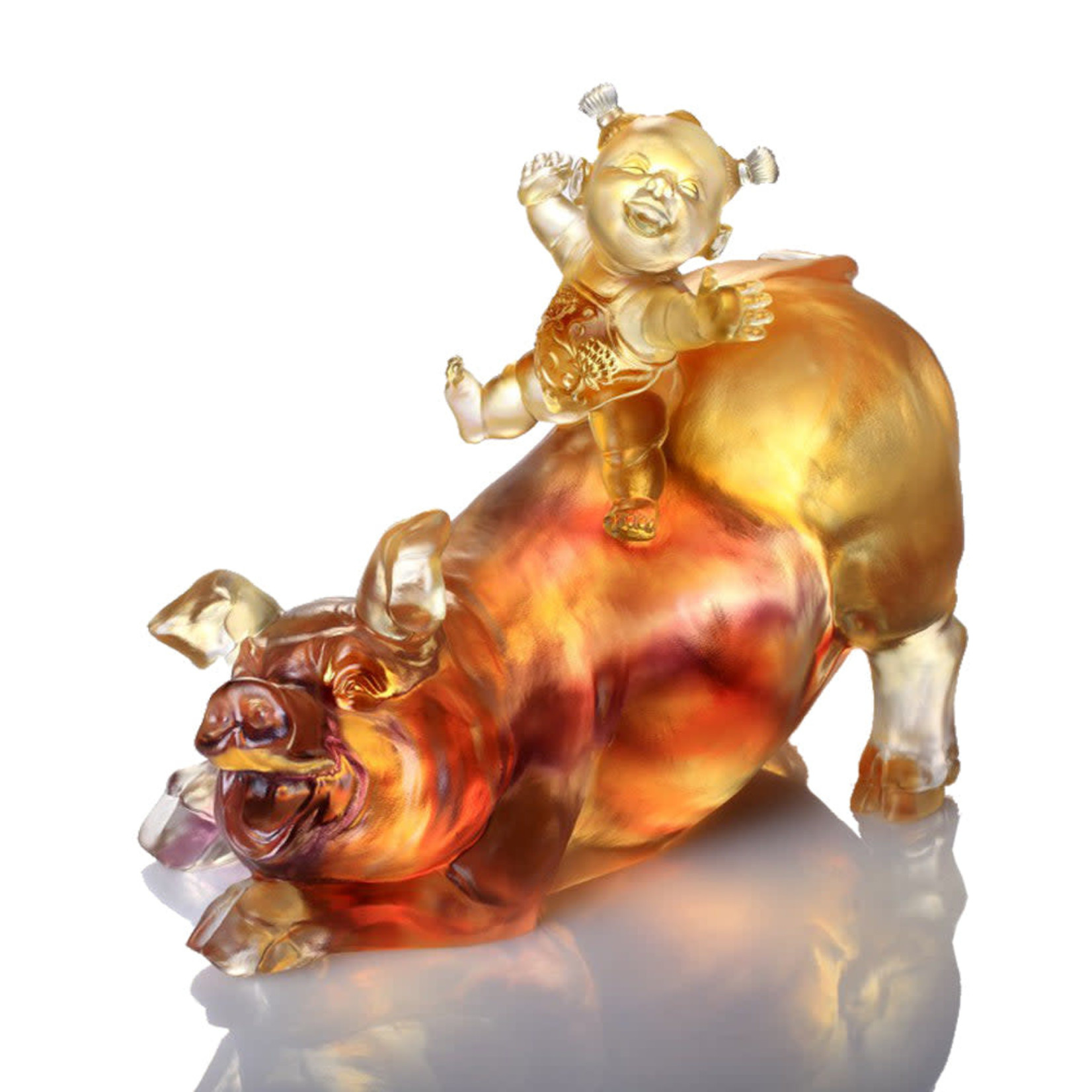 LIULI Crystal Art Crystal Animal, Baby Doll Riding Pig, Happy Together