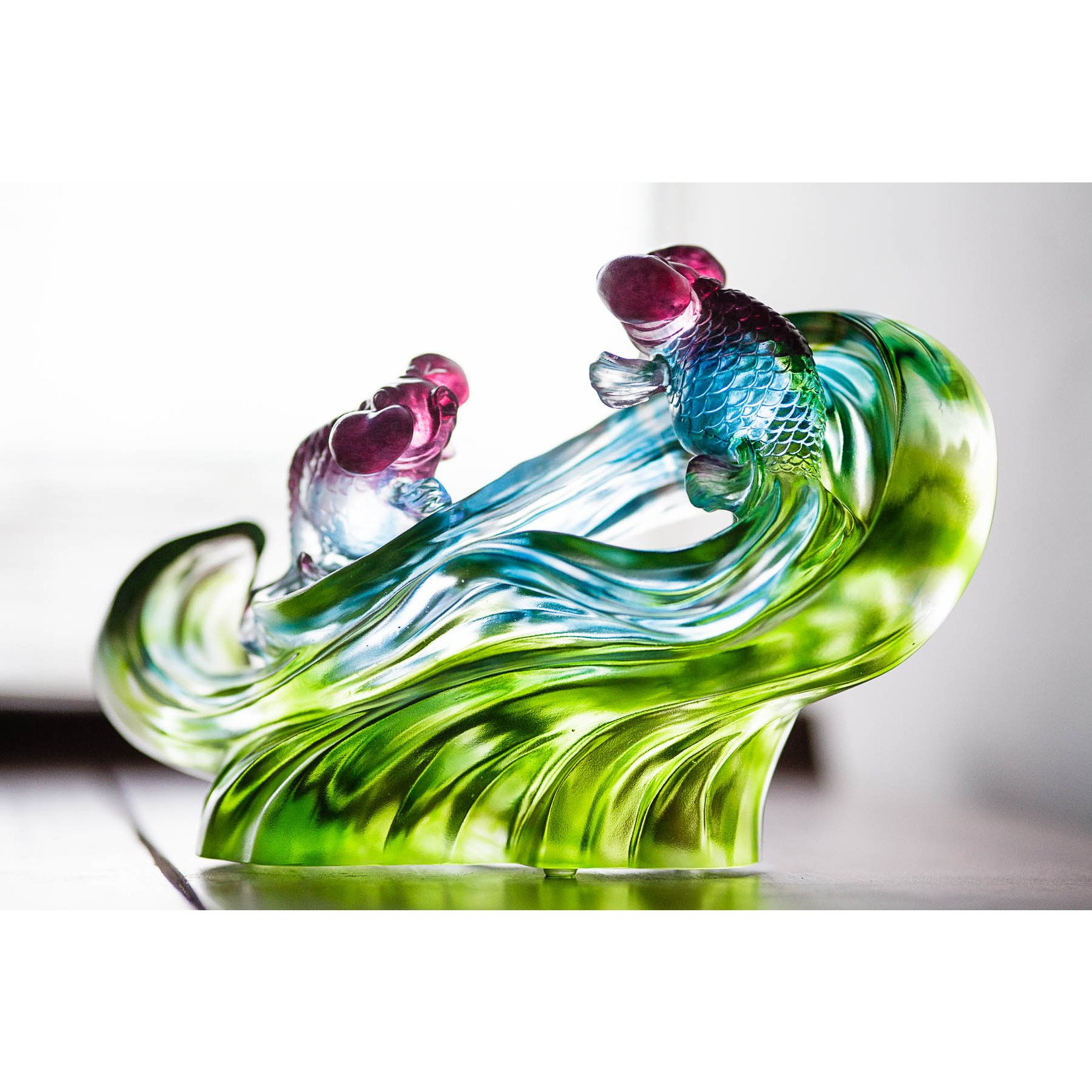 LIULI Crystal Art Crystal Gold Fish Figurine (Enjoyment) - "Echo of Joy" in Blue/Green
