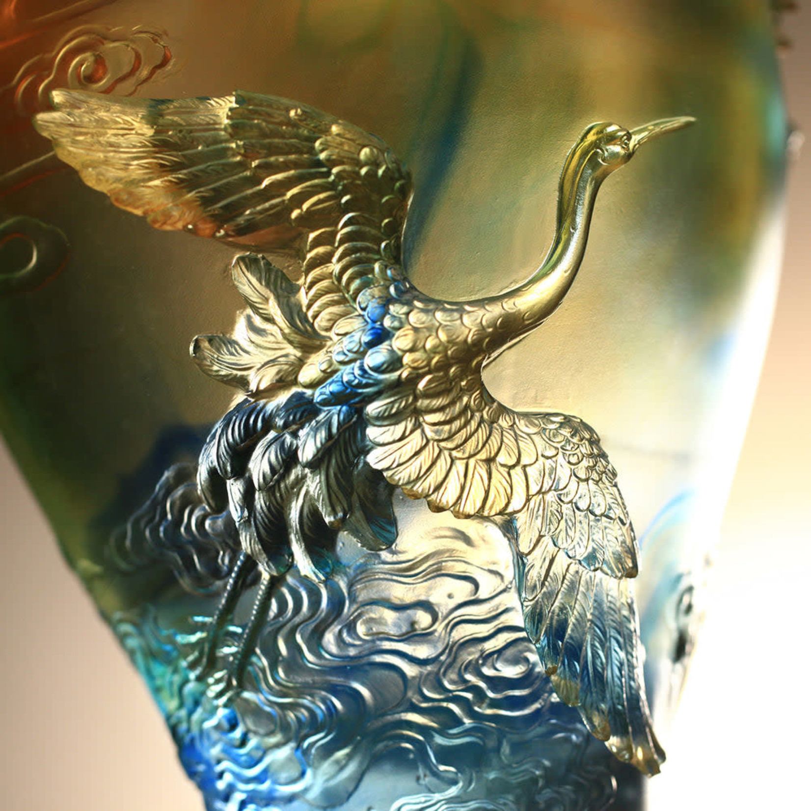 LIULI Crystal Art Crystal Floral Vase, Crane, "Flight of Legacy"