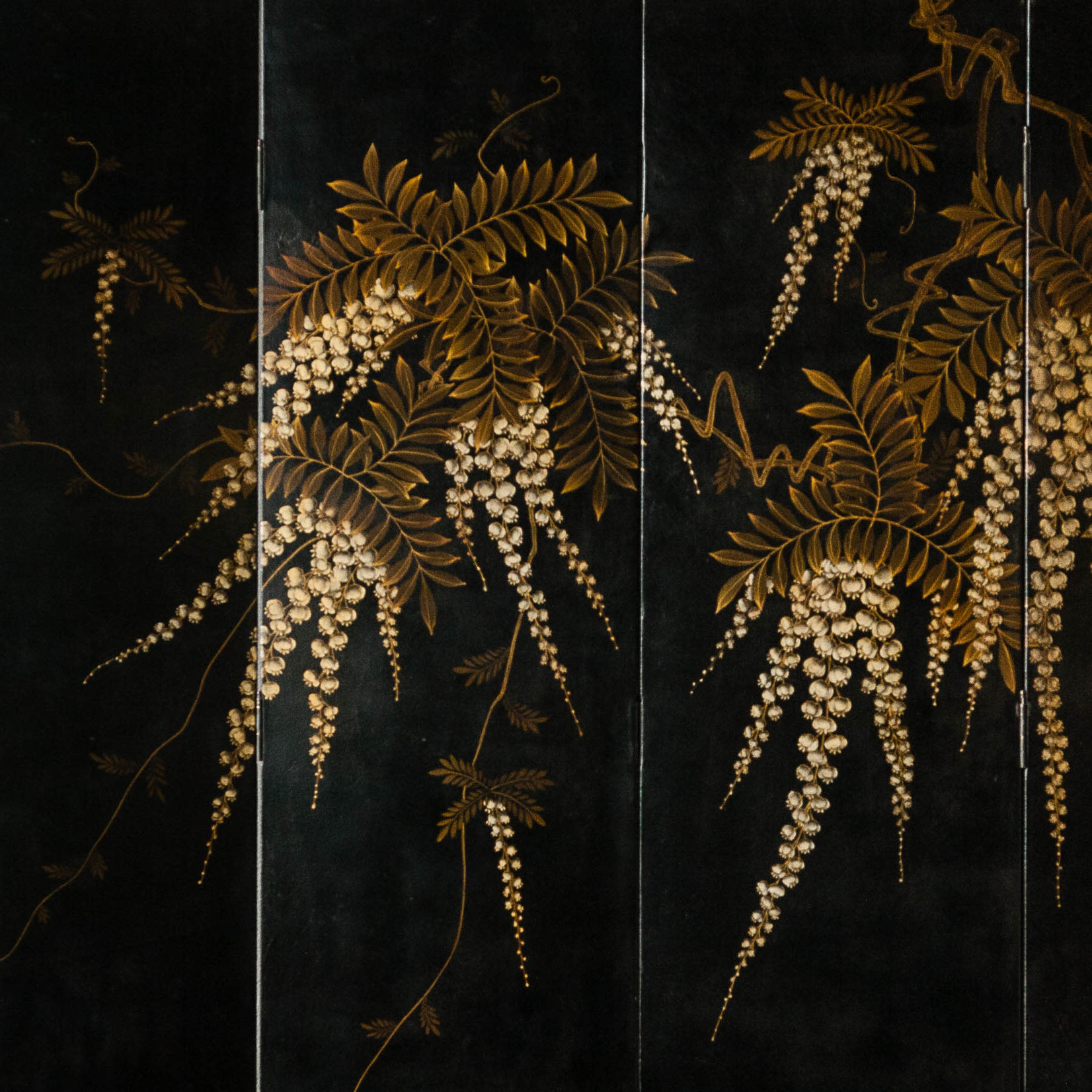 Lawrence & Scott Double-Sided Leather Wisteria & Bamboo Scene 6-Panel Room Divider Screen in Sultan Black