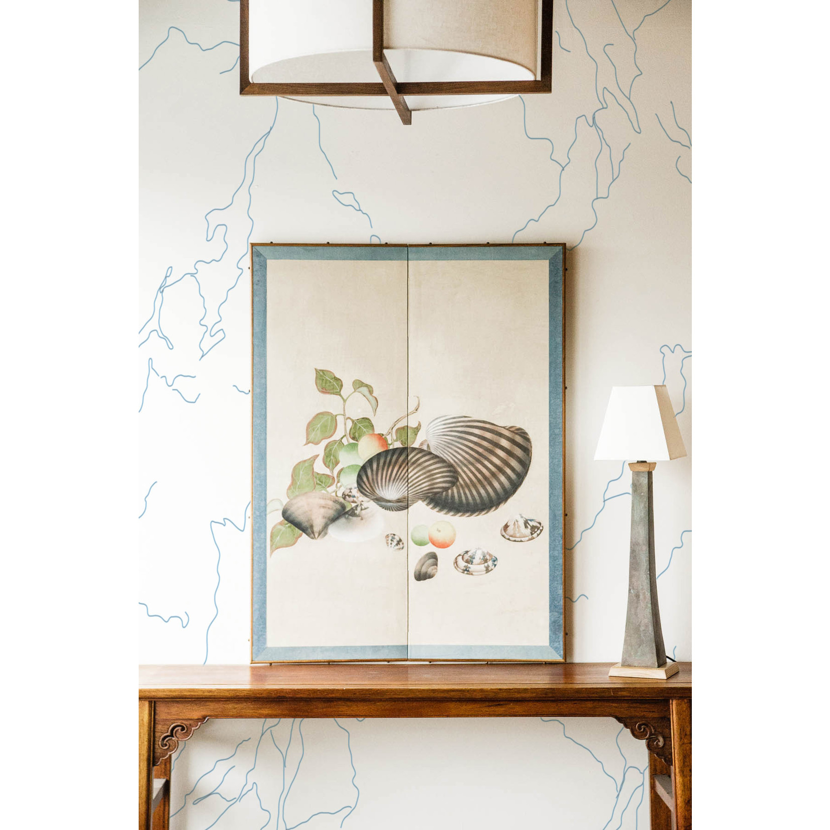 Lawrence & Scott Sung Tze-Chin Chinoiserie "Clams & Fruit" Silk Hanging Two-Panel Screen 17'' x 48''