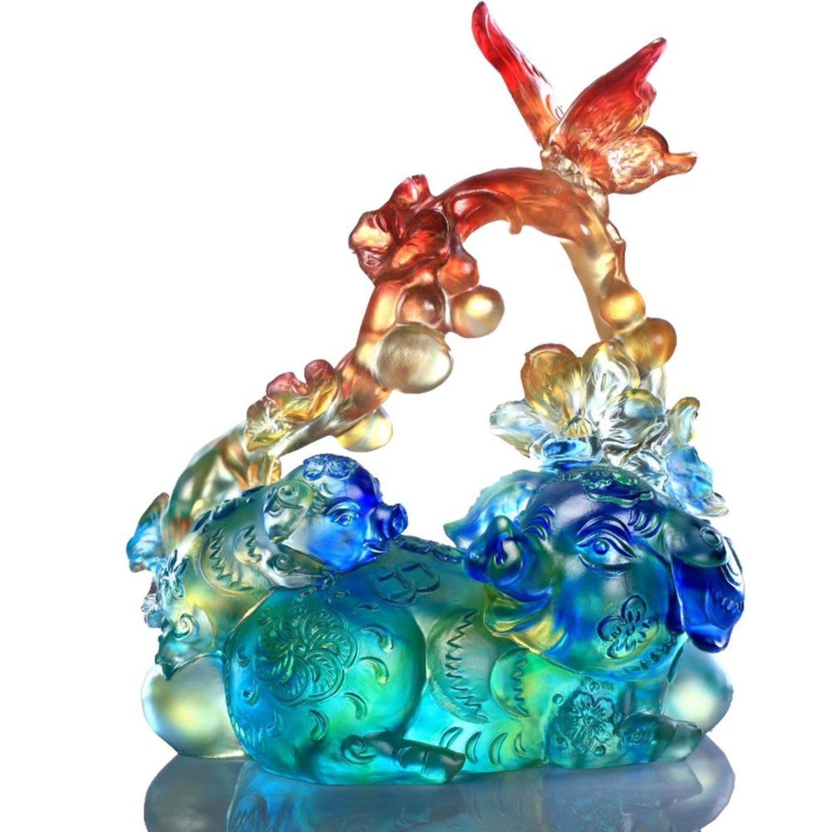 LIULI Crystal Art Crystal Pig and Butterfly, "Fulfillment" Limited Edition, Amber Sky Blue