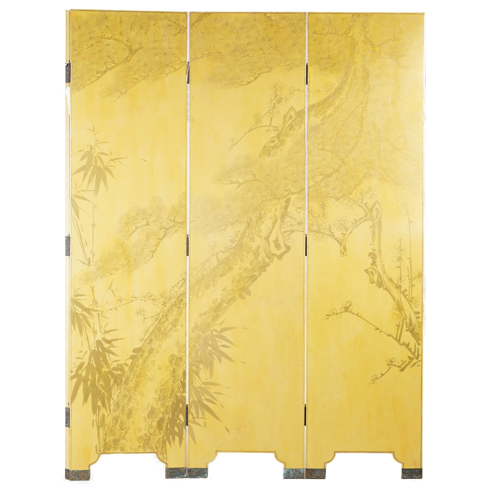 Lawrence & Scott Double-Sided Leather Wisteria & Bamboo Scene 4-Panel Room Divider Screen in Rural Green