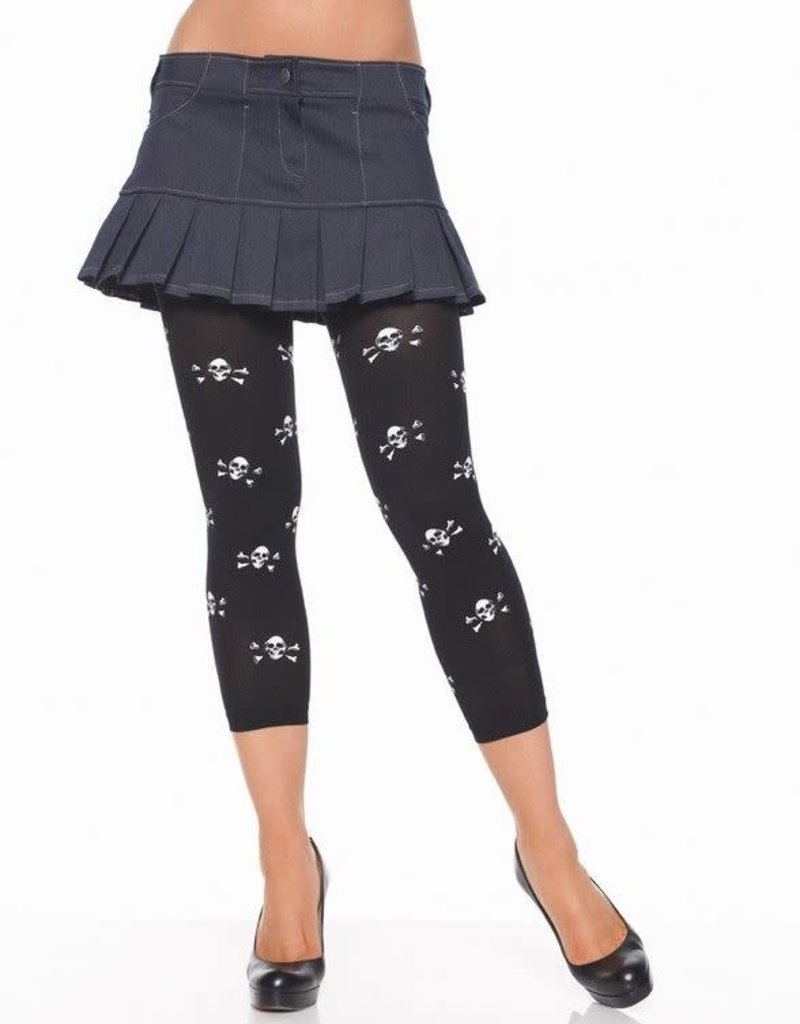 Footless Tights with Skull Print - Black