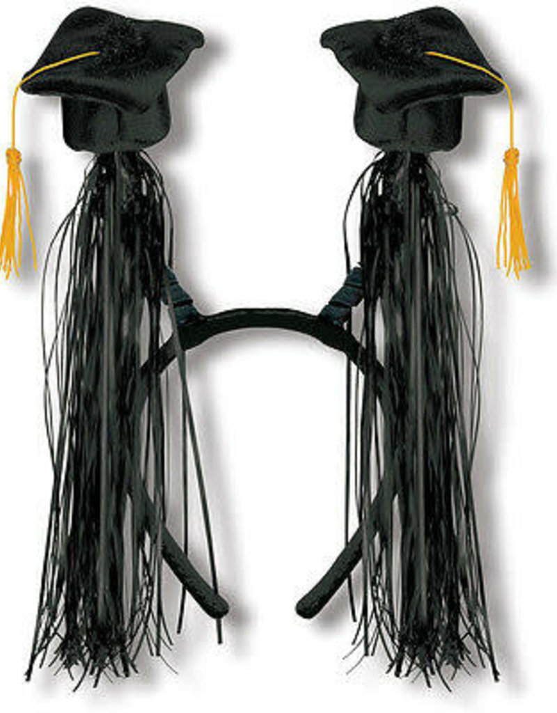 Grad Cap With Fringe Bopper Headband - Black