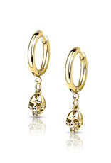 Gold Pair Surgical Steel Hoop Earrings With Skull Dangle 20G