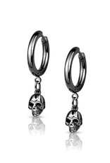 Black Pair Surgical Steel Hoop Earrings With Skull Dangle 20G
