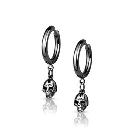 Black Pair Surgical Steel Hoop Earrings With Skull Dangle 20G