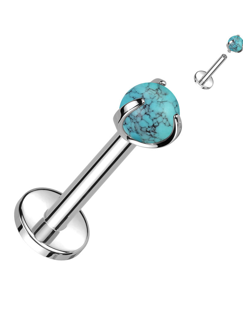 Turquoise Implant Grade Titanium Internally Threaded Labret With Claw Set Natural Stone Top 16GA
