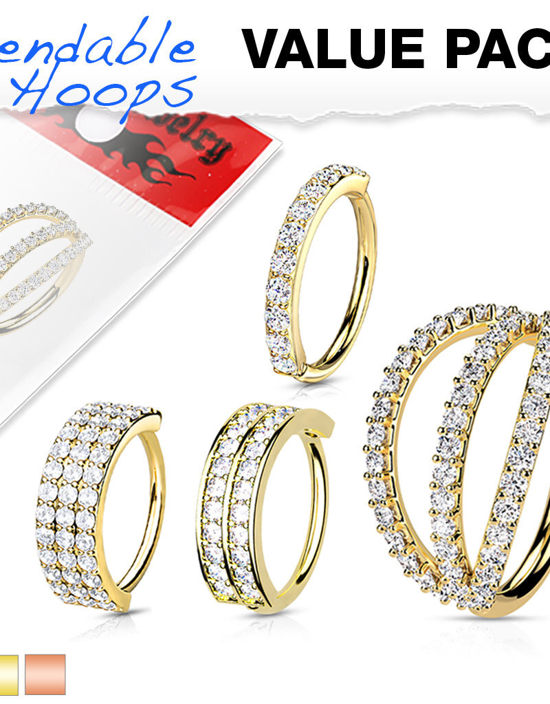 Gold - 4 Pcs CZ Paved Facing Out Bendable Hoops for Ear Cartilage, Nose and More 16GA