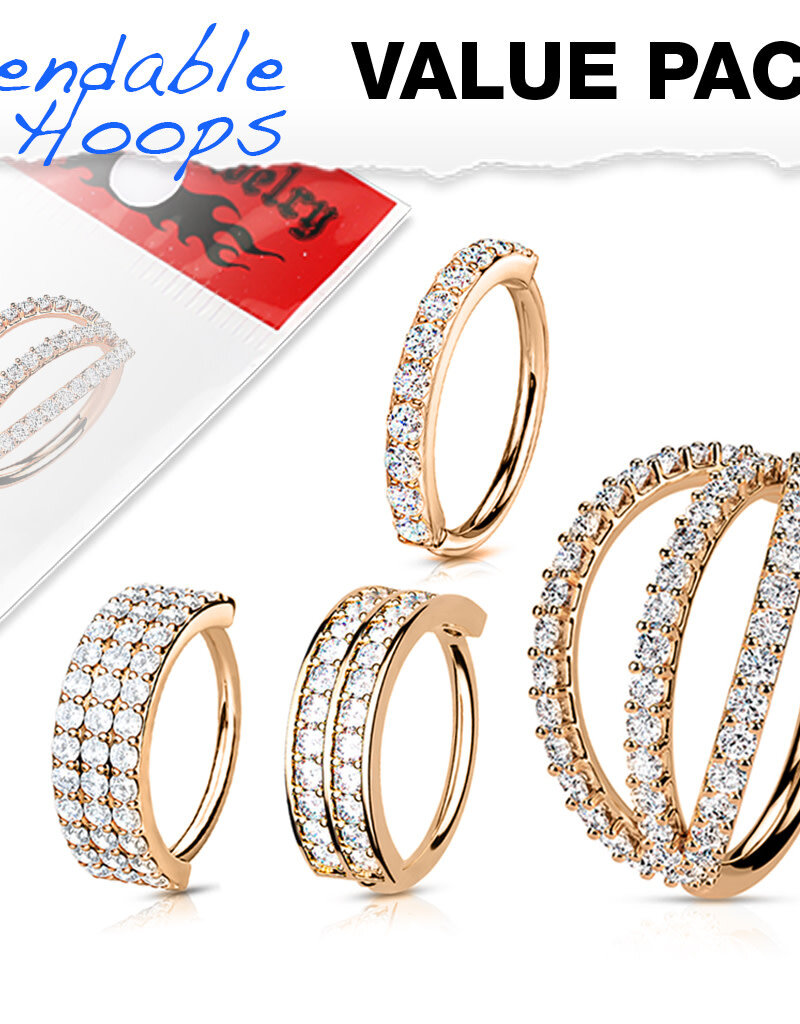 Rose Gold - 4 Pcs CZ Paved Facing Out Bendable Hoops for Ear Cartilage, Nose and More 16GA
