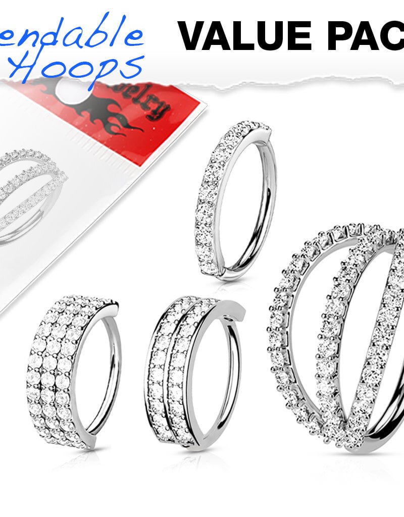 Platinum - 4 Pcs CZ Paved Facing Out Bendable Hoops for Ear Cartilage, Nose and More 18GA