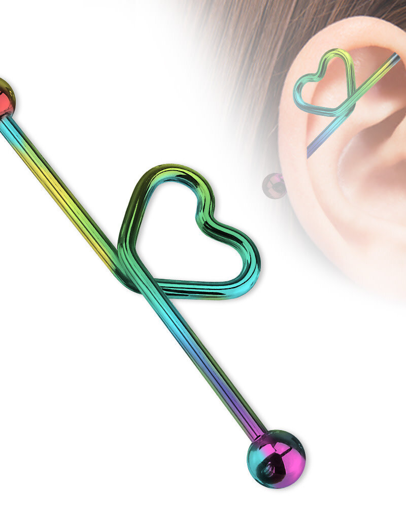 Hollywood Body Jewelry Titanium Heart Industrial Barbell Rainbow  38mm