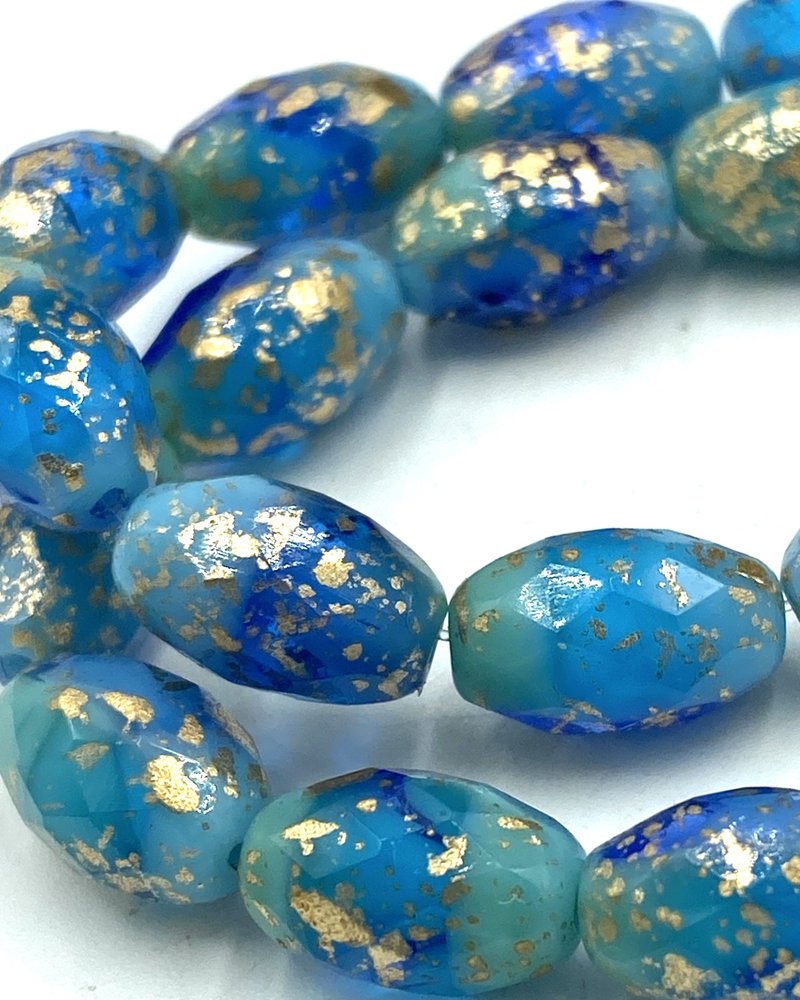 12x8mm Barrel Bead- Blue with Gold Specks- 6 BEADS