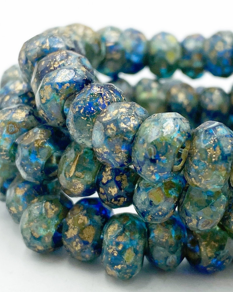 6x9mm Large Hole Roller Bead Sapphire and Sky Blue with Etched and Gold Wash