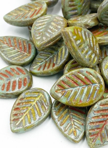 12x16mm Leaf Beads-Green Turquoise Picasso