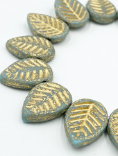 12x16mm Leaves: Medium Sky Blue Etched Gold