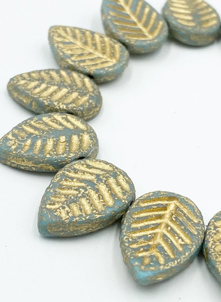 12x16mm Leaves: Medium Sky Blue Etched Gold