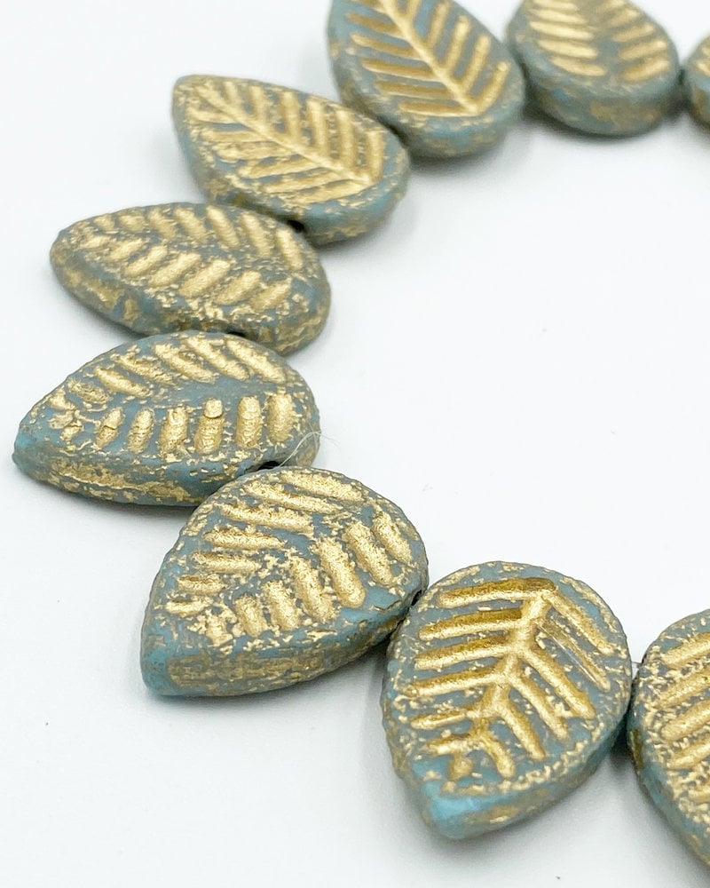 12x16mm Leaves Medium Sky Blue Etched Gold