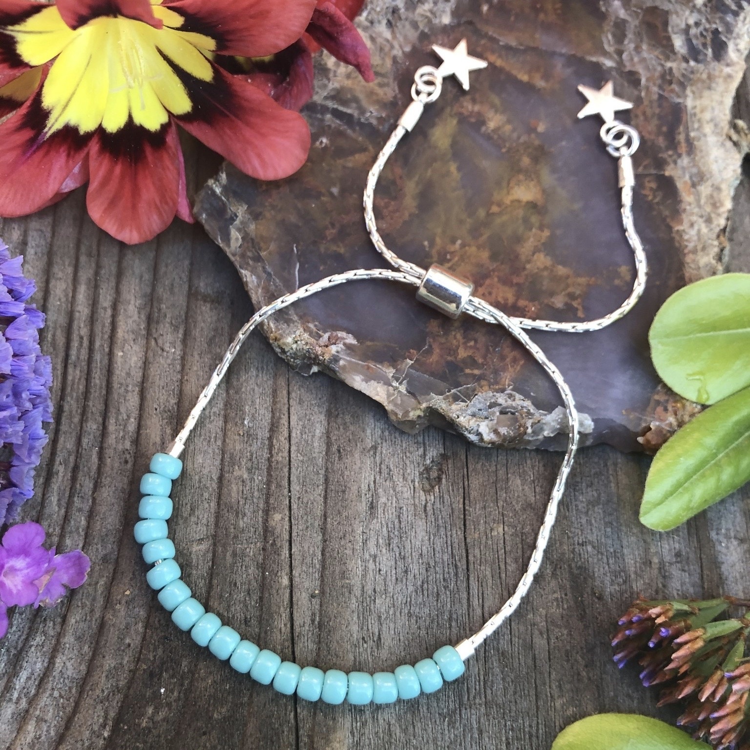 Sliding Chain Bracelet KITS Silver: Turquoise Beads