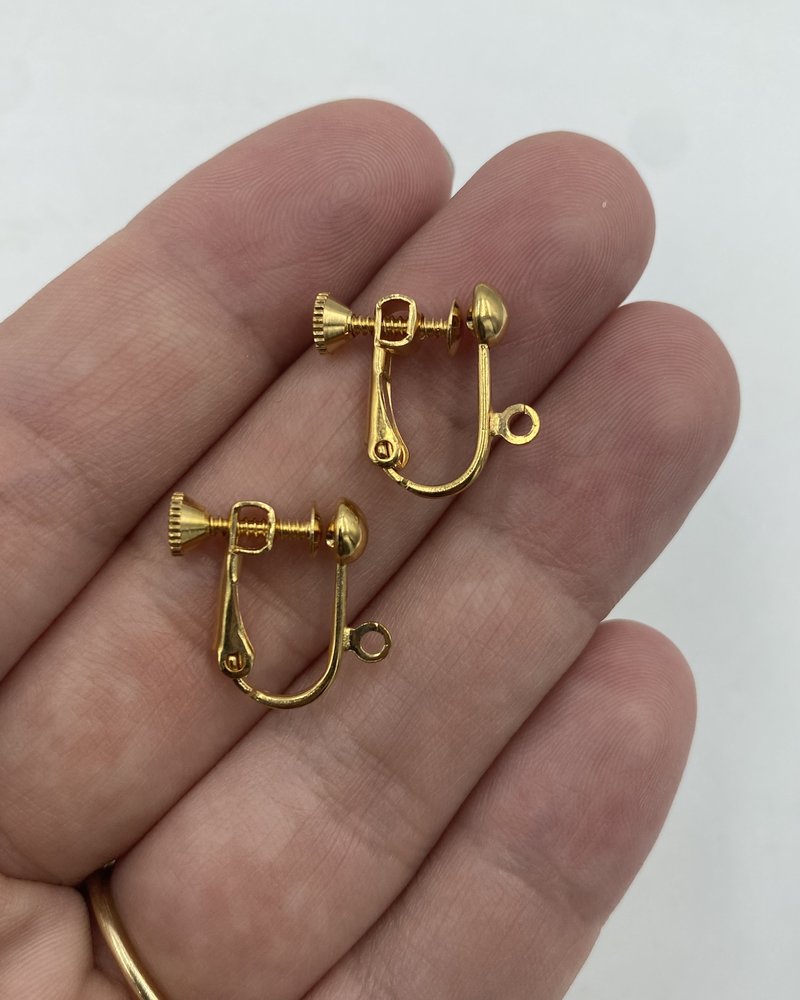 Clip-on, gold-plated brass, 15mm screwback w/ 5mm half ball- 1 Pair