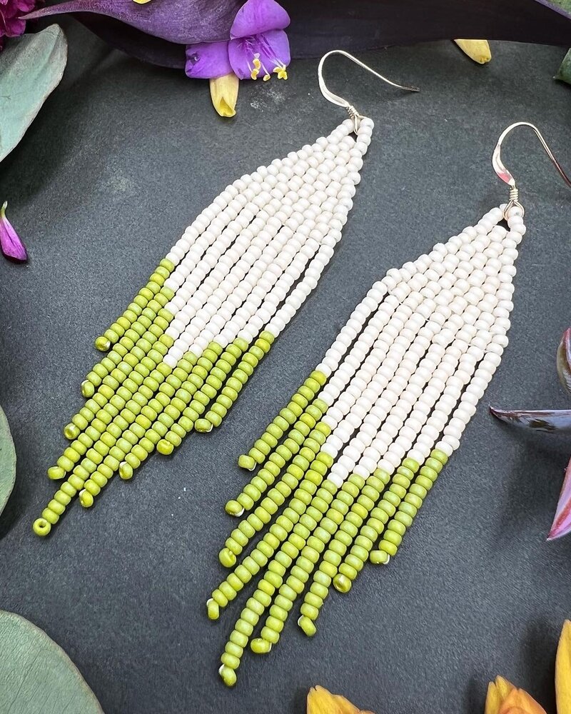 Jewelry Matte Color Block Beaded Fringe Earrings- Cream/Olive