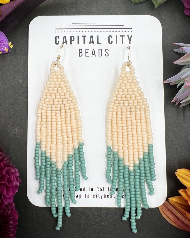 Jewelry Matte Color Block Beaded Fringe Earrings- Cream/Seafoam