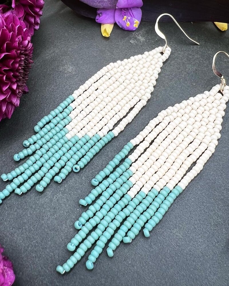 Jewelry Matte Color Block Beaded Fringe Earrings- Cream/Seafoam