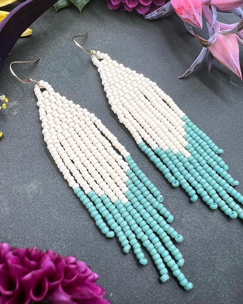 Jewelry Matte Color Block Beaded Fringe Earrings- Cream/Seafoam