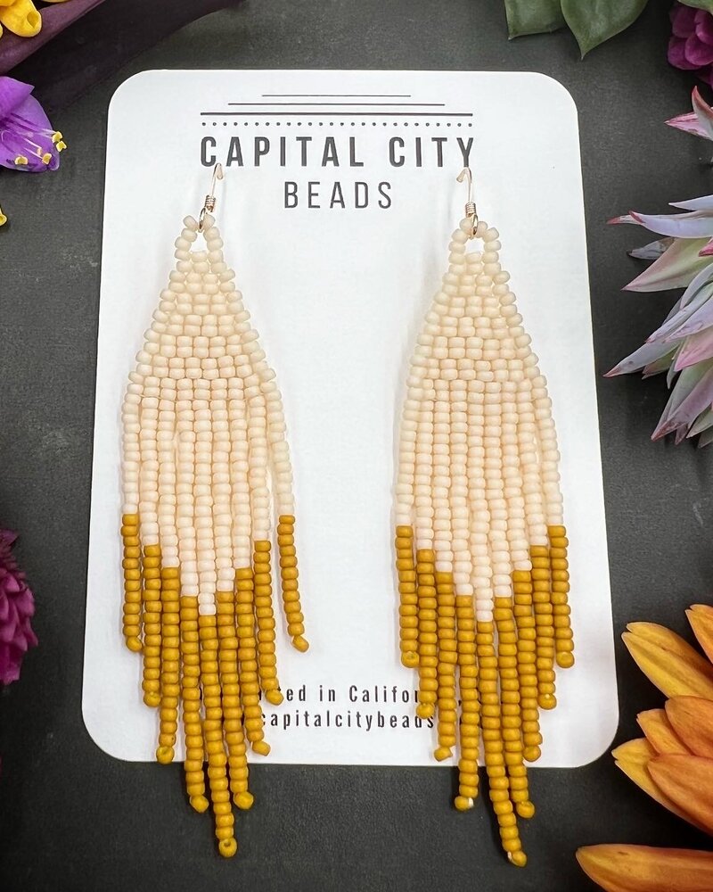 Jewelry Matte Color Block Beaded Fringe Earrings- Cream/Mustard