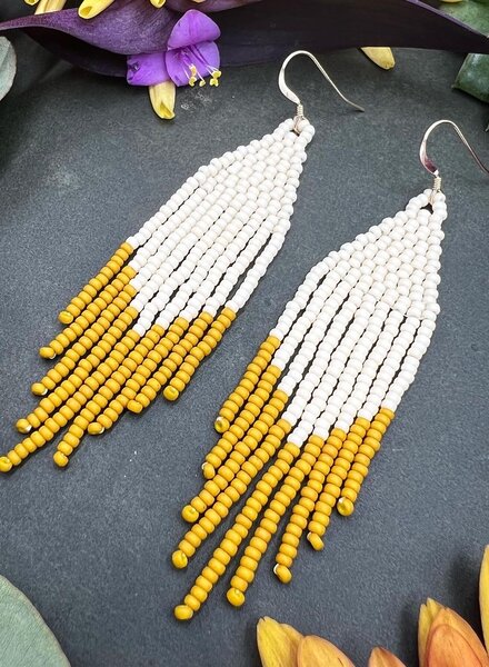 Jewelry Matte Color Block Beaded Fringe Earrings- Cream/Mustard