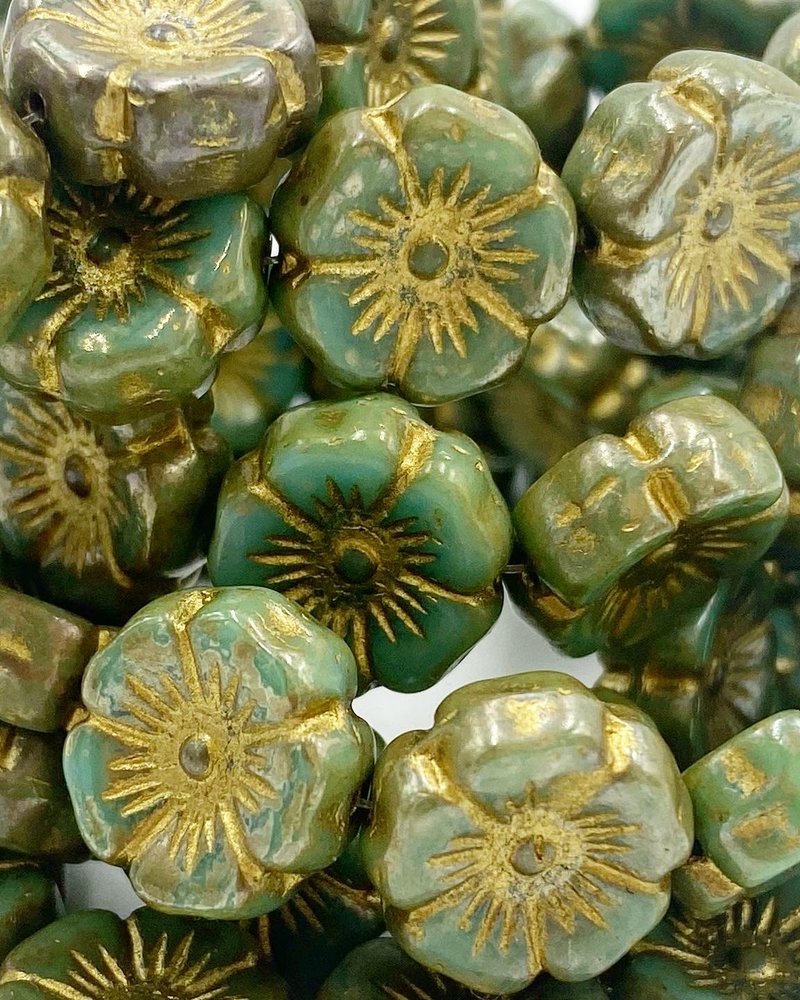 12mm Hibiscus Flower-  Tea Green Metallic Picasso Gold