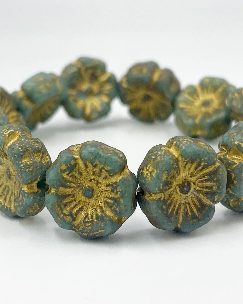 12mm Hibiscus Flower-  Sea Green Etched Gold