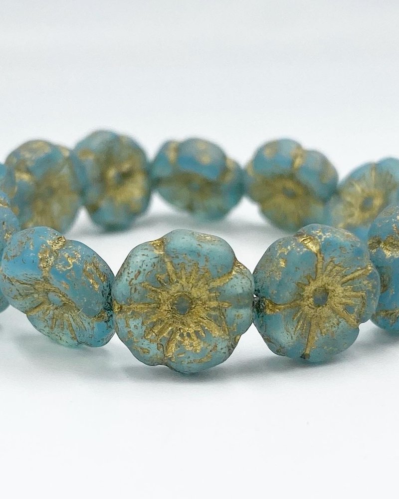 12mm Hibiscus Flower-  Baby Blue Etched Gold